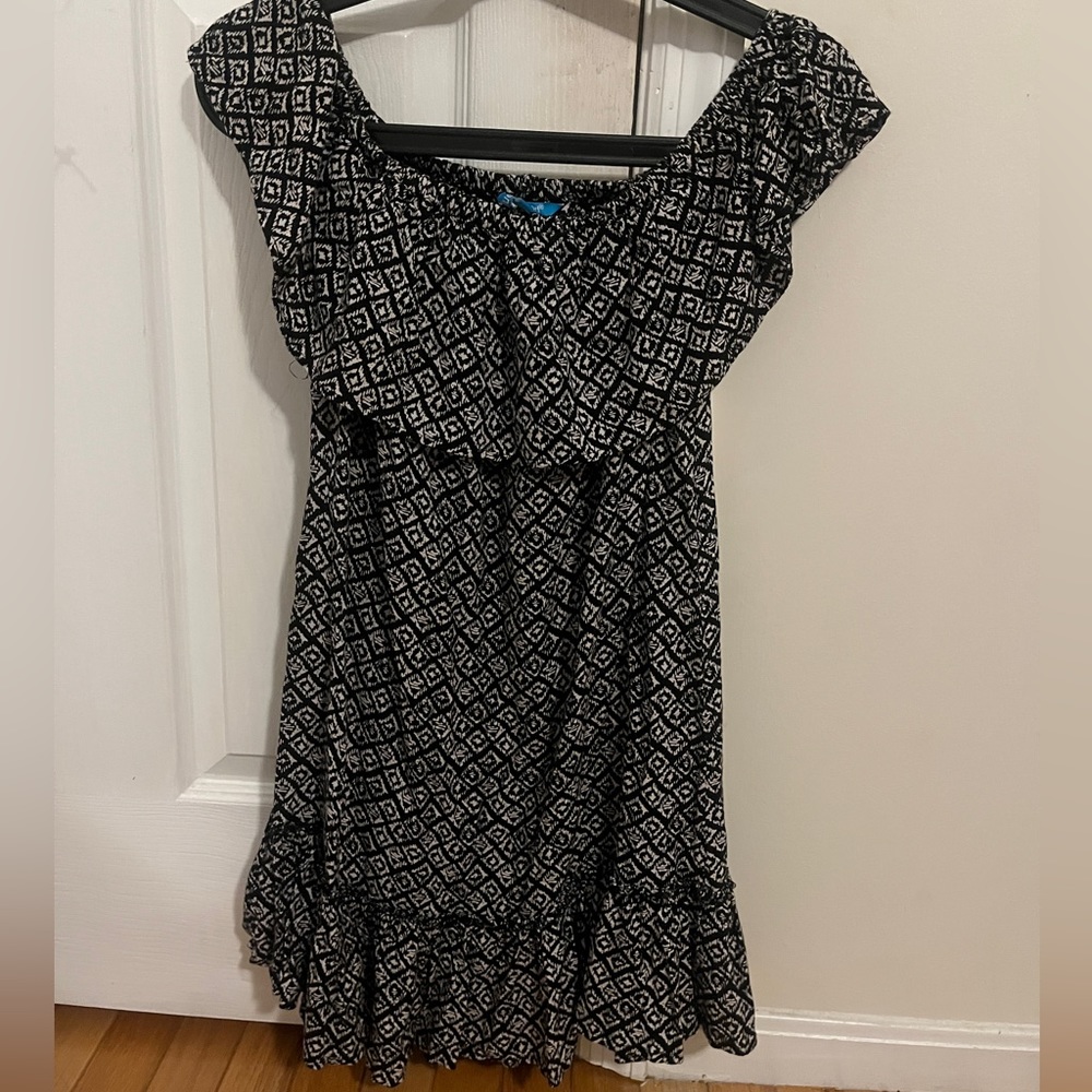 Off the shoulder black and white dress with flowers